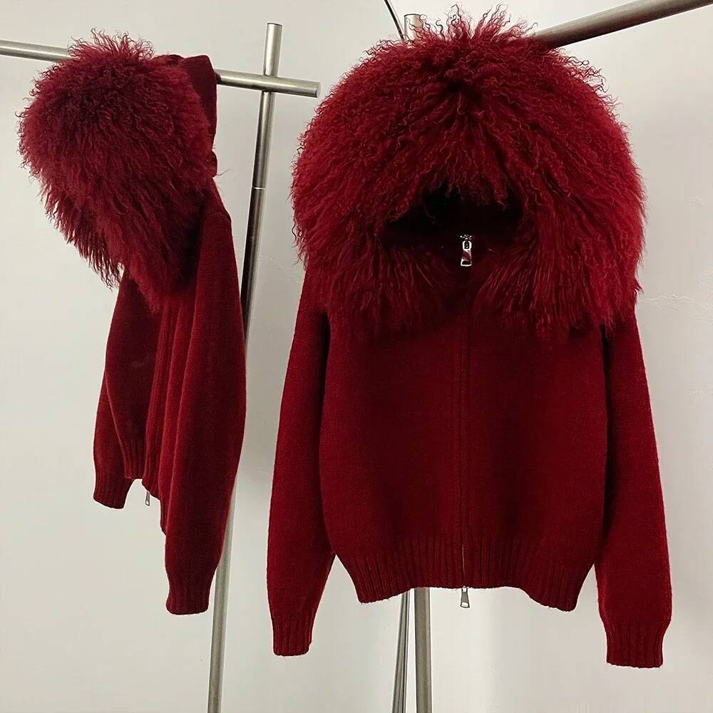 Cardigan Natural Fox Coat Women Real Mongolian Knitwear Female Spring Autumn Hooded Knitted Fur Jacket