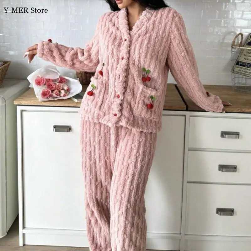 Women Cute Cherry Pattern Pajamas Autumn and Winter New Warm Fleece Lined Sleepwear Loungewear Cardigan Suit Pajamas Z250925