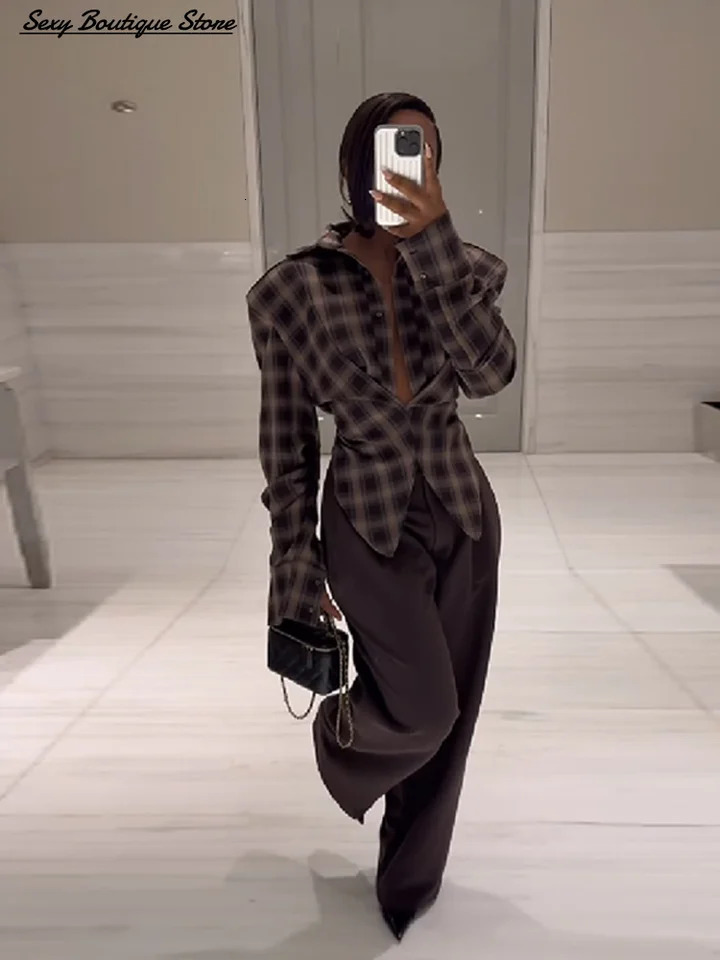 Womens Vintage Classic Plaid Shirt Lapel Long Sleeve Slim Fit Top Single Breasted Crop Blouse 2025 Lady Fashion Streetwear 250922