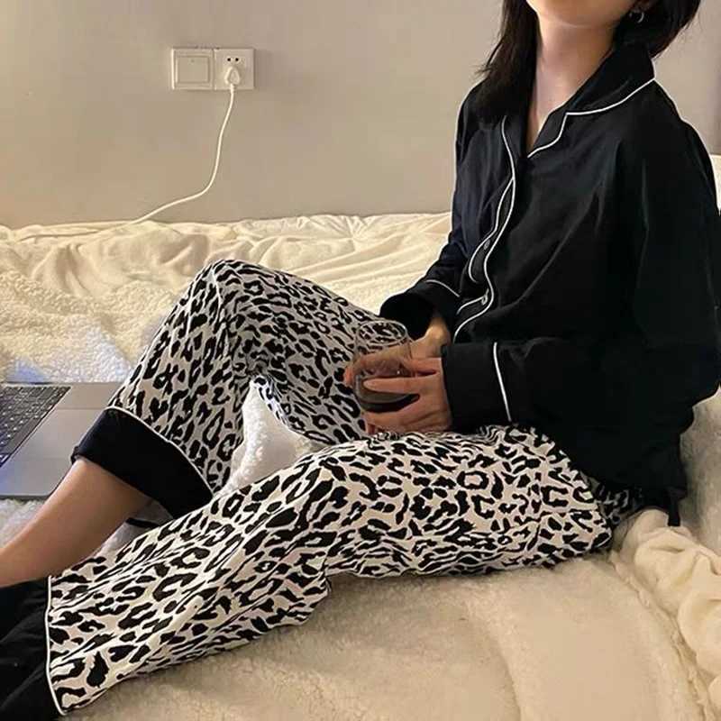 Spring and Summer New Korean Version of the Ladies Pajamas Homewear Black Leopard Cardigan Autumn and Winter Homewear Thin Suit Z250925