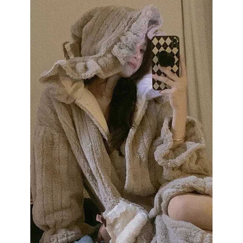 Hooded Robe for Women Sleepwear Nightdress Winter Night Wears Warm Fleece Pajama One Piece Nightgown Ruffle Long Sleeve Homewear Z250925