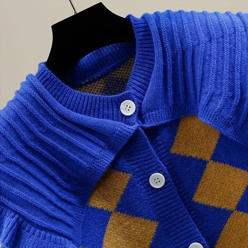 Diamond Plaid Ruffles Acrylic Knitted Peter pan Collar Womens Cardigan Single Breasted Sweater Cardigan For Women Clothing 250922