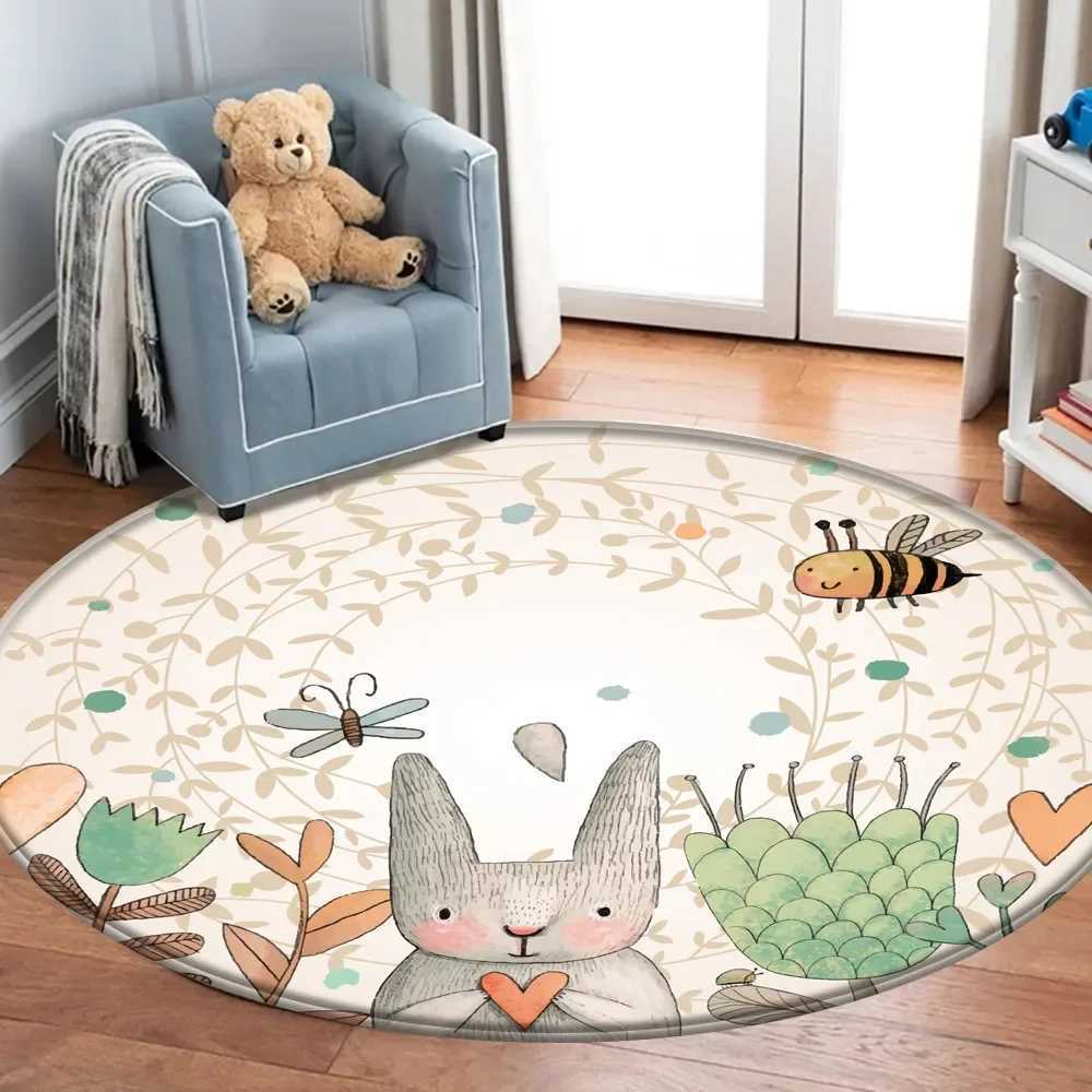 Kids Handprint Rug Round Baby Play Mat Simple Animal Rabbit Bee Pattern C250926