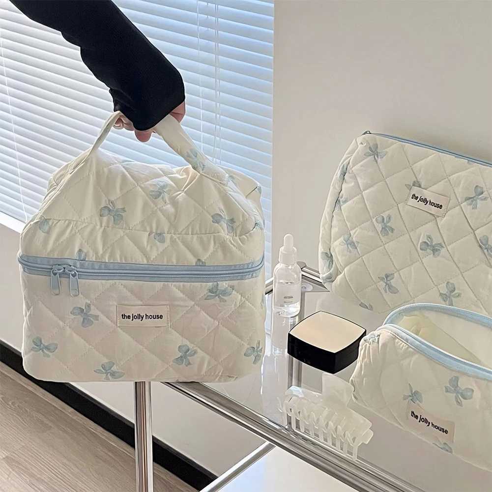 Women Cosmetic Bag Cotton Quilted Cute Bow Makeup Pouch Travel Portable Wash Toiletry Storage Bag Organizer Purse Multisize J2509261