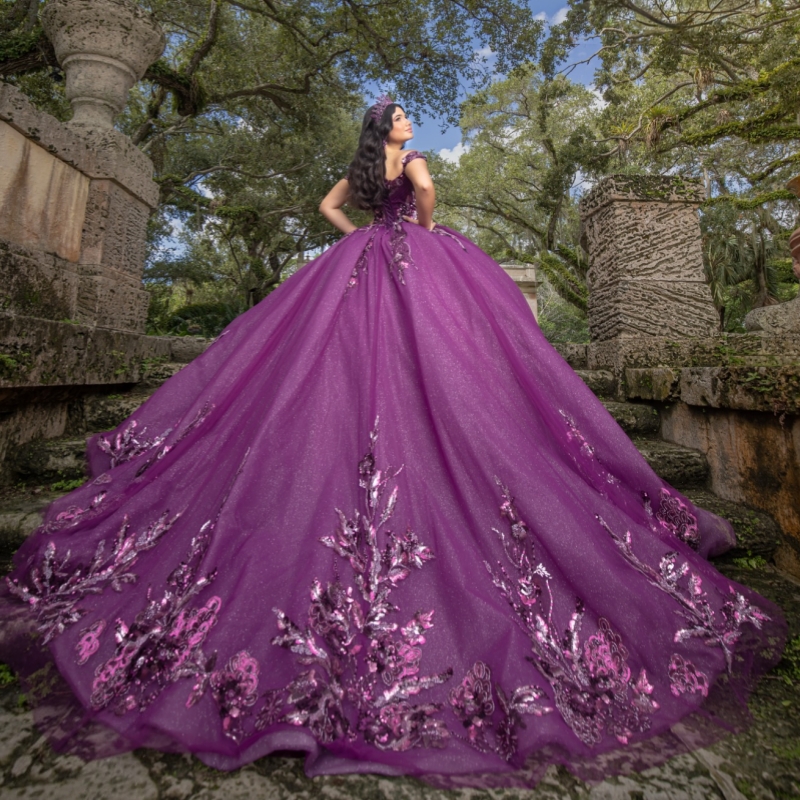 Purple Shiny Quinceanera Dresses Off The Shoulder Applique Lace Beading Crystal Corset Tull Party Birthday Sweet 16 Dress Vestidos 15 De Anos