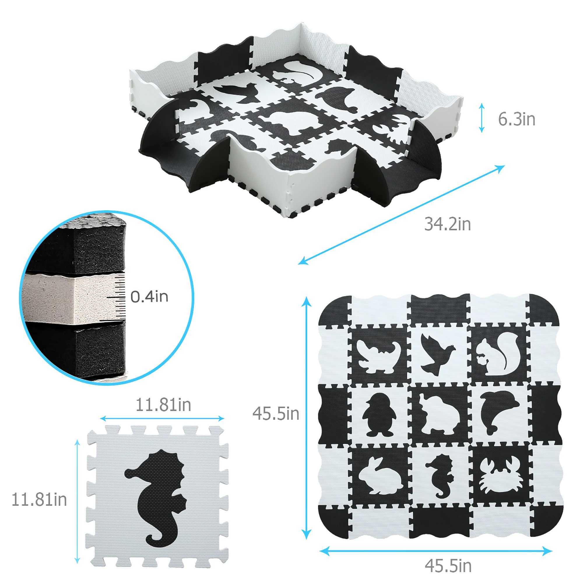25Pcsset Square Interlocking Puzzle Floor Mat Black and White Animals Foam Play Mat with Fence for Kids C250926