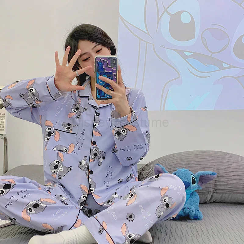 Disney Versatile Casual Cartoon Stitch Sleepwear Womens Spring and Autumn Long Sleeved Twopiece Set Pijama Pajama Sets Pyjamas Sleep H250926