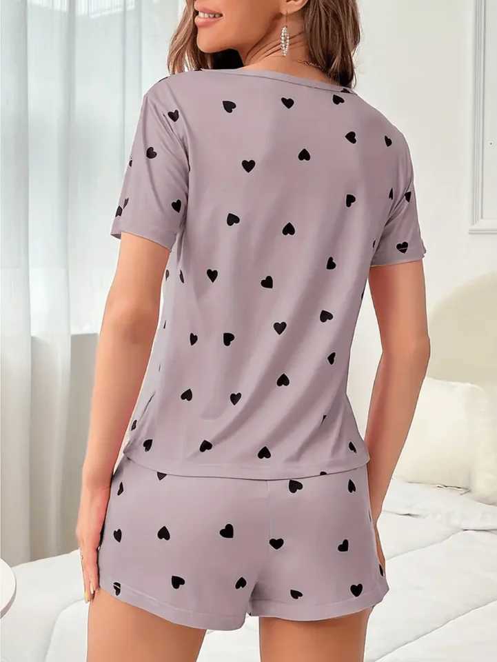 2Piece Womens Love Print Knit Fashionable Soft Short Sleeve and Shorts Sleepwear Set for Comfortable Home Wear Z250925