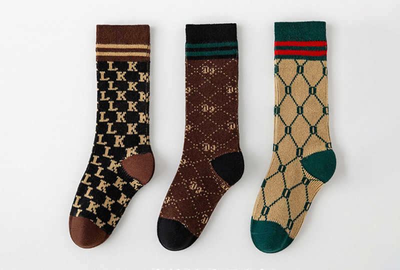 Trendy Childrens Socks Long Tube Plaid Letter Double Needle Double Road Boys and Girls Baby Socks for Older Children Y250926