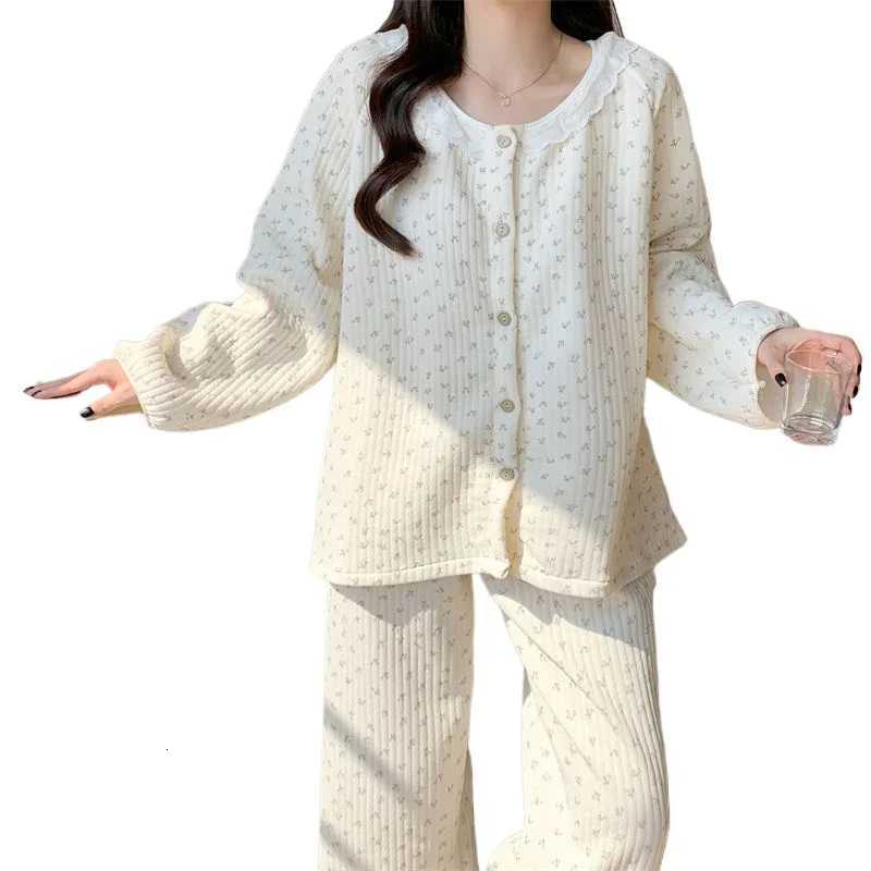 Floral Sleepwear Women Pajama Sets Winter Piiama Fleece Pants Sets 2 Pieces Korean Cute Lace Night Wears Warm Sleeping Home Suit Z250925