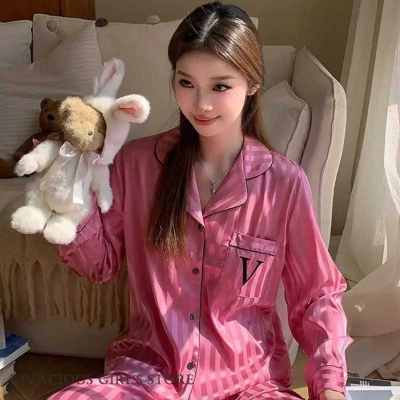 New Female Pajamas TwoPiece Set Loungewear Spring Autumn New Sleepwear Pyjama Pour Femme Hot Pink Satin Homewear Trouser Suits Z250925