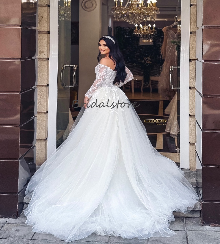 Elegant Mermaid Overkskirt Wedding Dress 2025 Off Shoulders Lace Long Sleeve Country Church Bridal Dress Tulle Garden Bride Dress Vestio De hochzeitsk