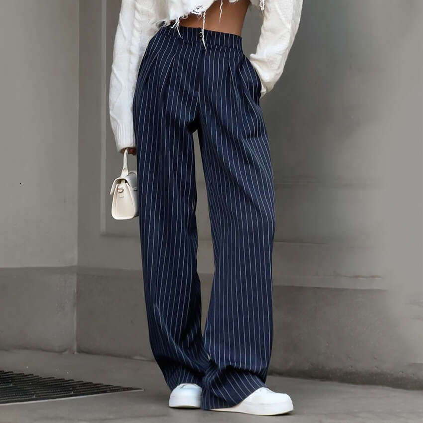 Navy Blue Striped Wide-Leg for Women 2025 Autumn Winter New Design Casual Trousers Draped Long Pants Women's Fashion