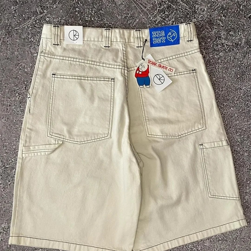 Big Boy jeans Y2K Harajuku embroidered cartoon characters white denim shorts mens and womens hip hop Gothic casual shorts 240729