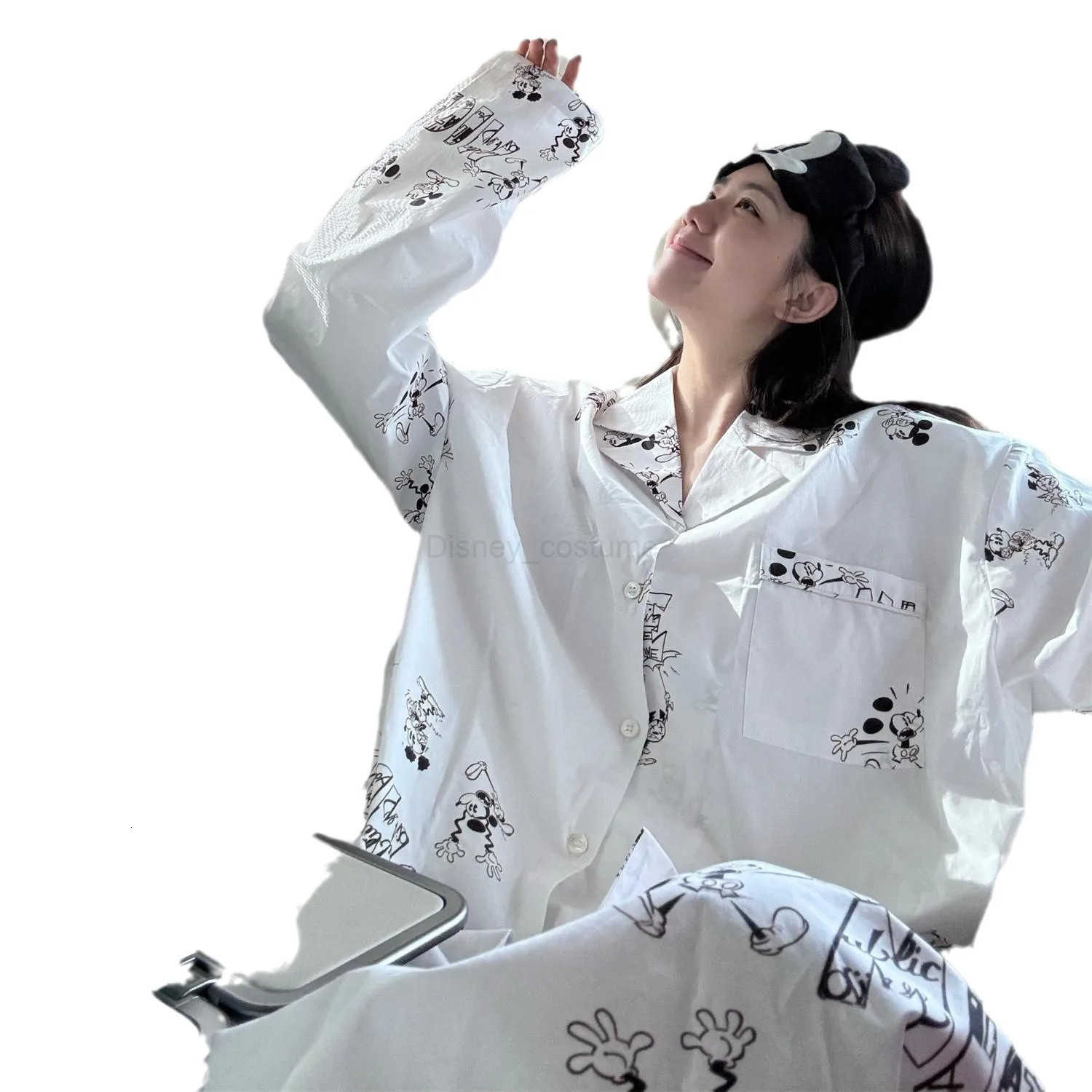 Disney Autumn Mickey Print Cotton Long Sleeve Set Lapel Sleepwear Button Down Womens Pajamas Set Spring Casual Comfortable Nightwear H250926