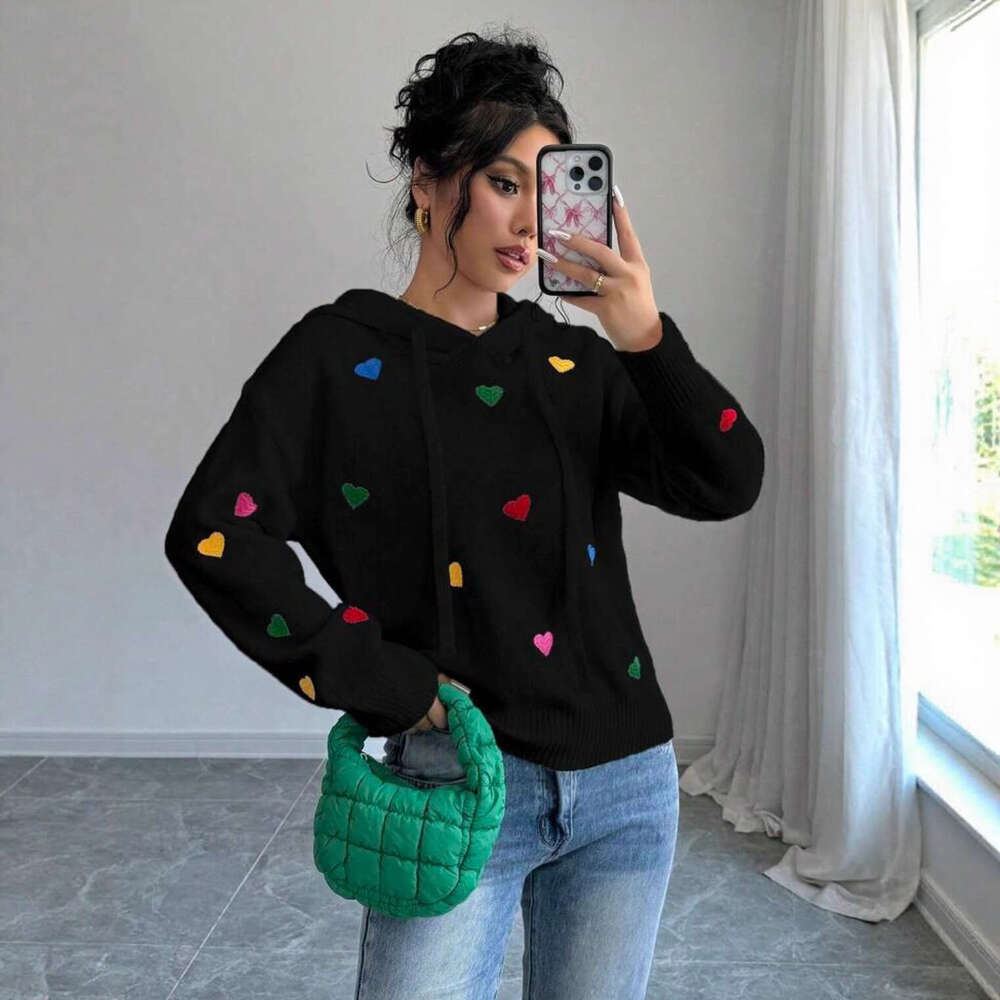 Autumn and Winter Women's Sweater Fashion Colorful Heart Jacquard Hooded Long Sleeve Knitwear
