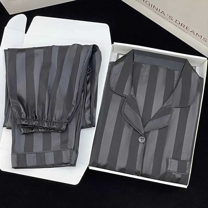 Womens Pajamas Sets Spring Autumn 2 Piece Striped Pyjama Faux Silk Satin Sleepwear Long Sleeve Button Pijama Mujer Pjs Homewear Z250925