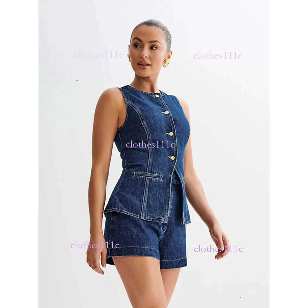 Denim 2 Pieces Sets Women Fashion Slim O-Neck Sleeveless Single Breasted Vest Wide Leg Shorts Summer Y2k Lady Outfit 240614
