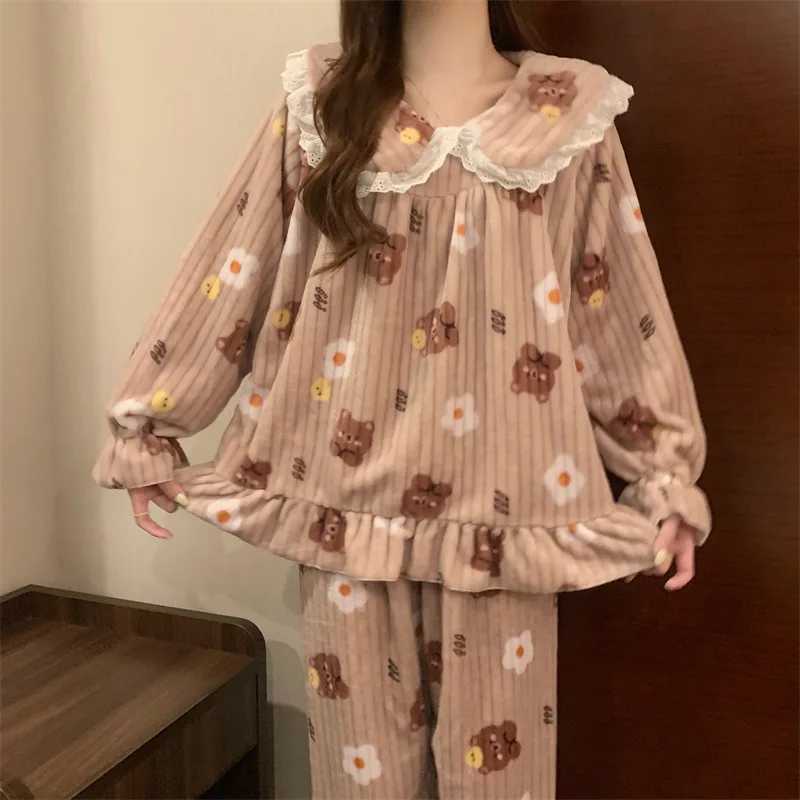 Warm Sleepwear Small Bear Peach Coral Velvet TwoPiece Set Women Pajamas Autumn and Winter Thickening Home Wear School Sleepwear Z250925