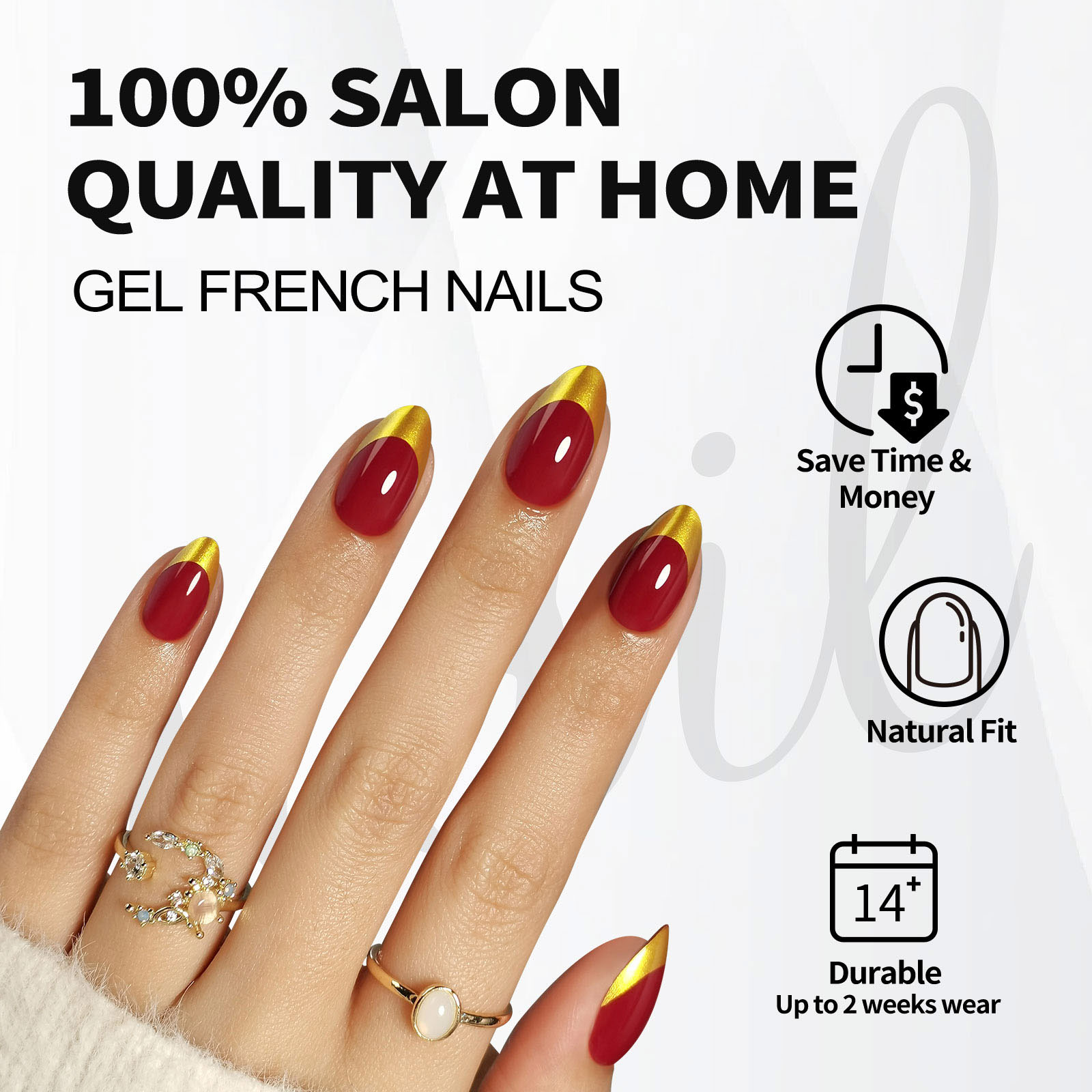 Gold French Tip Press on Nails Short in Red Finish - Soft Gel Fall Almond Nails for , Perfectly Fit Glue on Nails in 16 Sizes - 32 Reusable Fake Nails