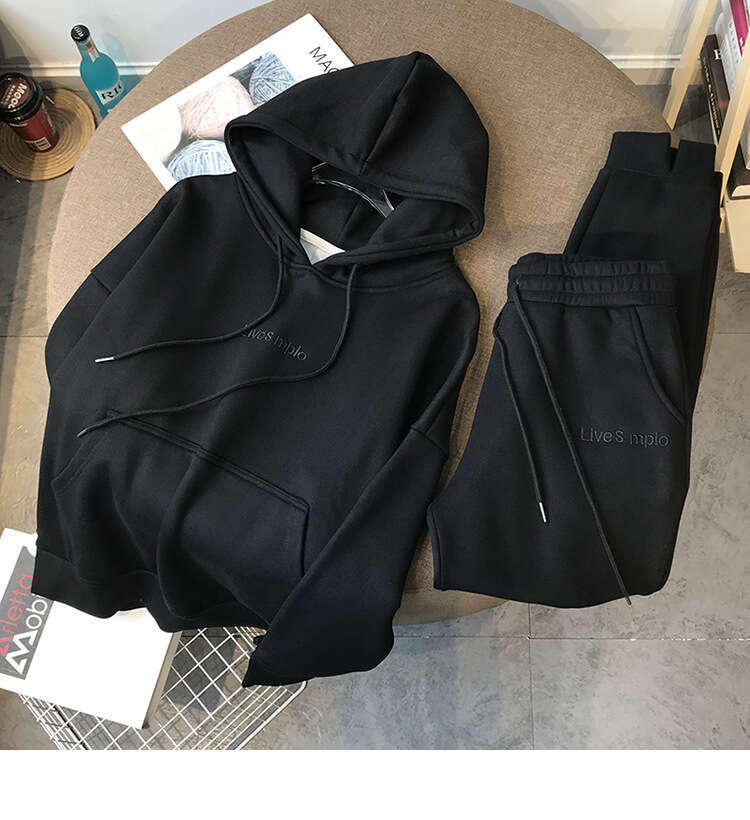 2025 Autumn Winter Fleece Lined Loose Hoodie Sweatshirt Jogger Pants Sports Casual Two-Piece Set Women