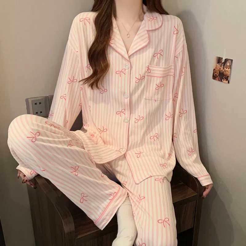 Striped Nightwear Women High Quality Spring and Summer Cardigan Pajamas Casual Set Student Loungewear Two Piece Set Sleepwear Z250925