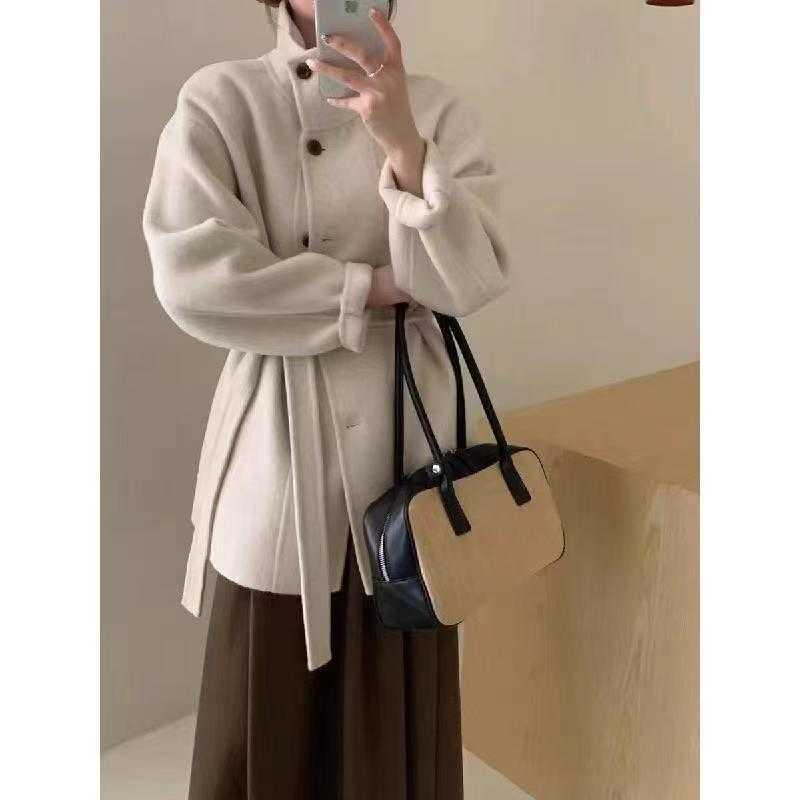 2024 New Hepburn Sle DoubleSided Wool Coat for Women Korean Version College Sle Petite Slimming Woolen Jacket Stand Collar W250926