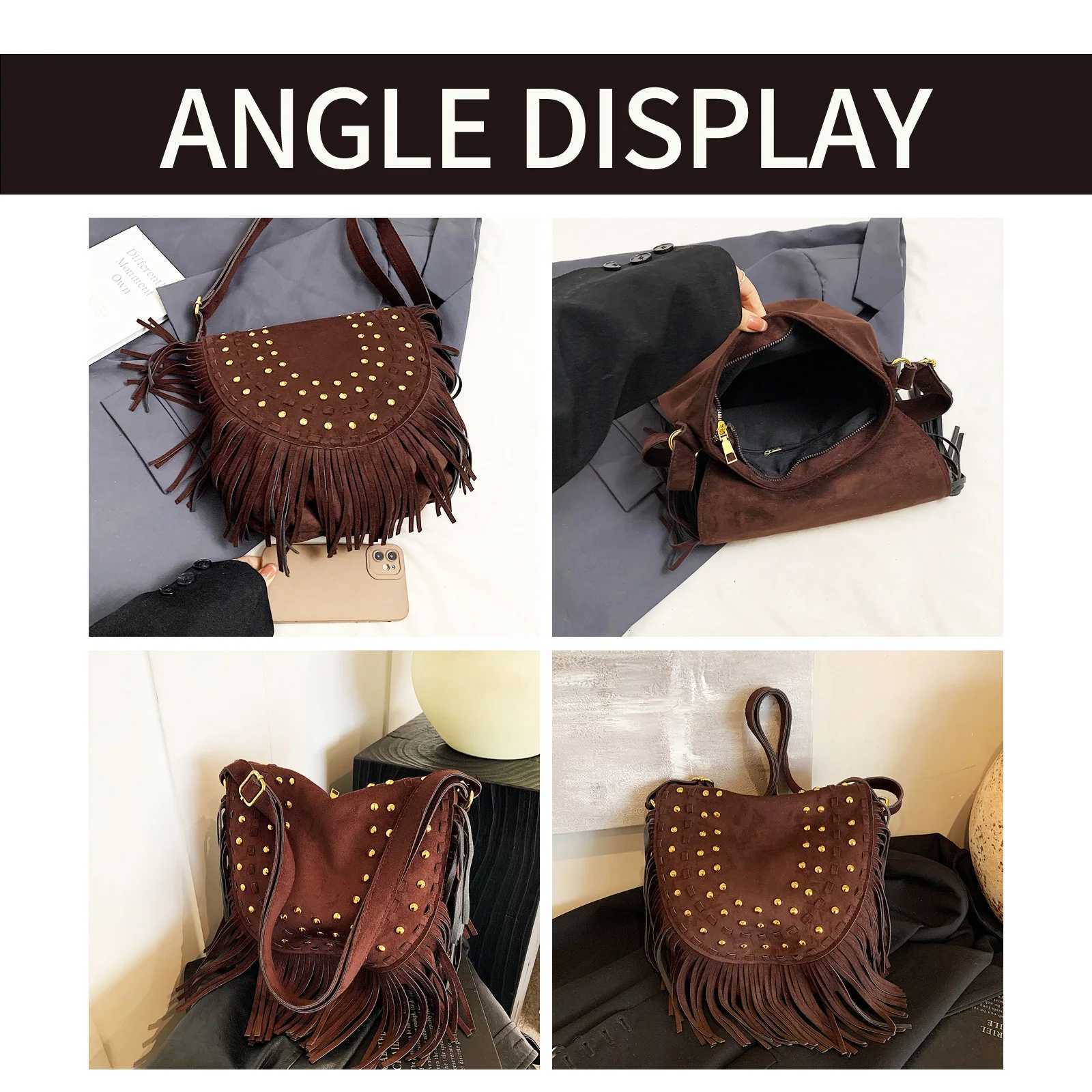 Vintage Crossbody Bag for Women Trendy Rivet Tassel Large Capacity Shoulder Purse for Party Club Outdoor Z250926