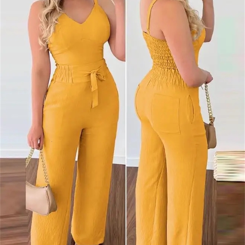 Summer Woman Long Jumpsuits Elegant Sexy V-Neck Shirred Cami Top High Waist Pants Set Fashion Casual One Pieces 240809