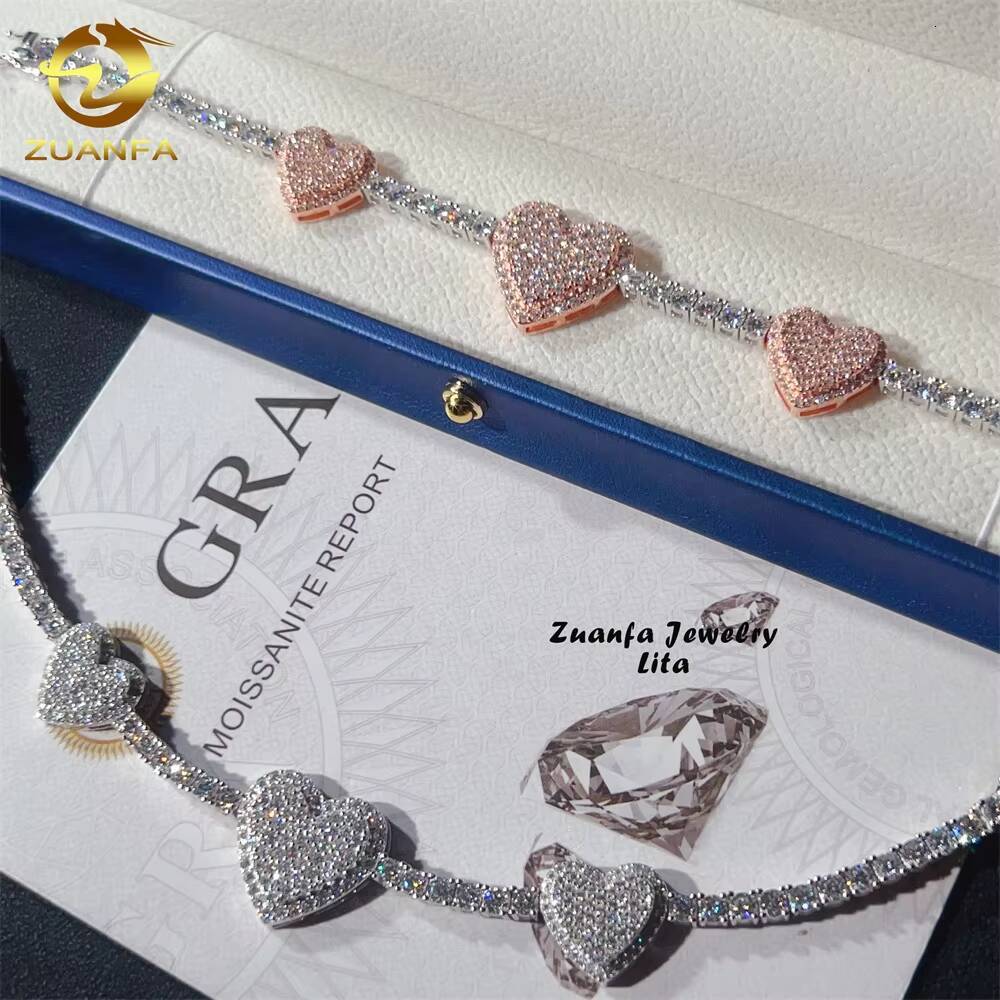 Hip Hop New Fashion Heart Two Tone 3MM Diamond 925 Sterling Silver Moissanite Tennis Chain Bracelet