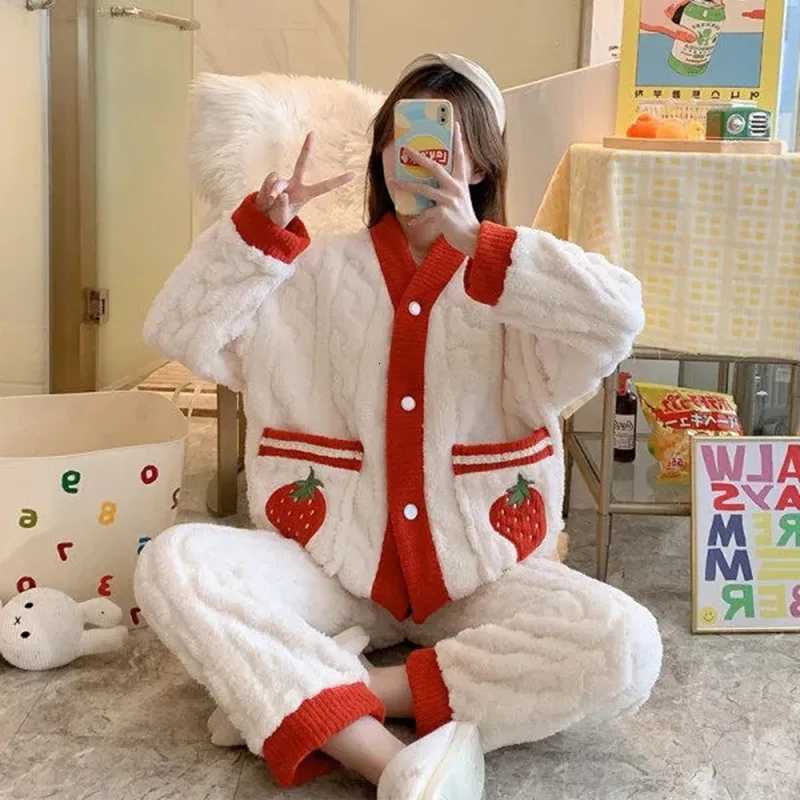 Autumn Winter Flannel Warm Pajamas Set Women Long Sleeve Home Suit Sleepwear Long Velvet Thicken Pyjamas Sets Z250925