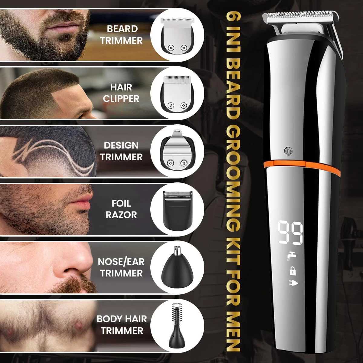 Beard Trimmer for Men 6 in 1 Hair Clippers Kit Waterproof Hair Cutting Machine for Beard Hair Body Nos Ear with Foil Razor R250926
