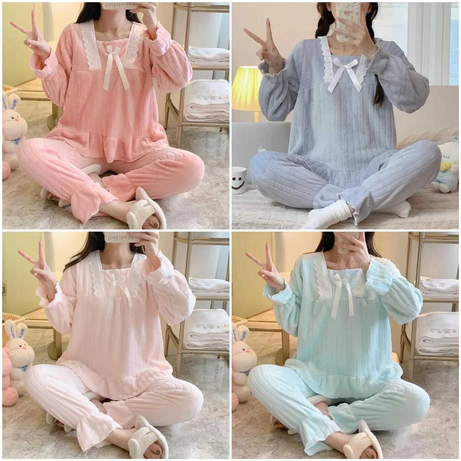 Princess Sweet Flannel Pajamas Womens Autumn Winter Warm FleeceLined Square Collar Pure Desire Loose Fit Homewear Z250925