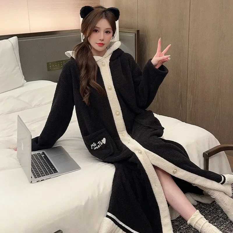 Hooded Nightgowns Women Coral Fleece Nightwear Chic Homewear Panelled Korean Fashion Single Breasted Daily Winter Cozy Sleepwear Z250925