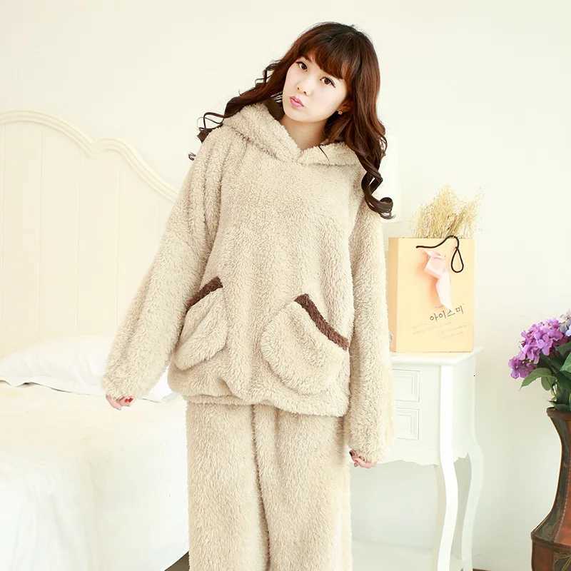 Thickened Warm Autumn Winter Women Cartoon Plush Hooded Bear Sleepwear Ladies Flannel Homewear Set Solid Nightwear Loungewear Z250925