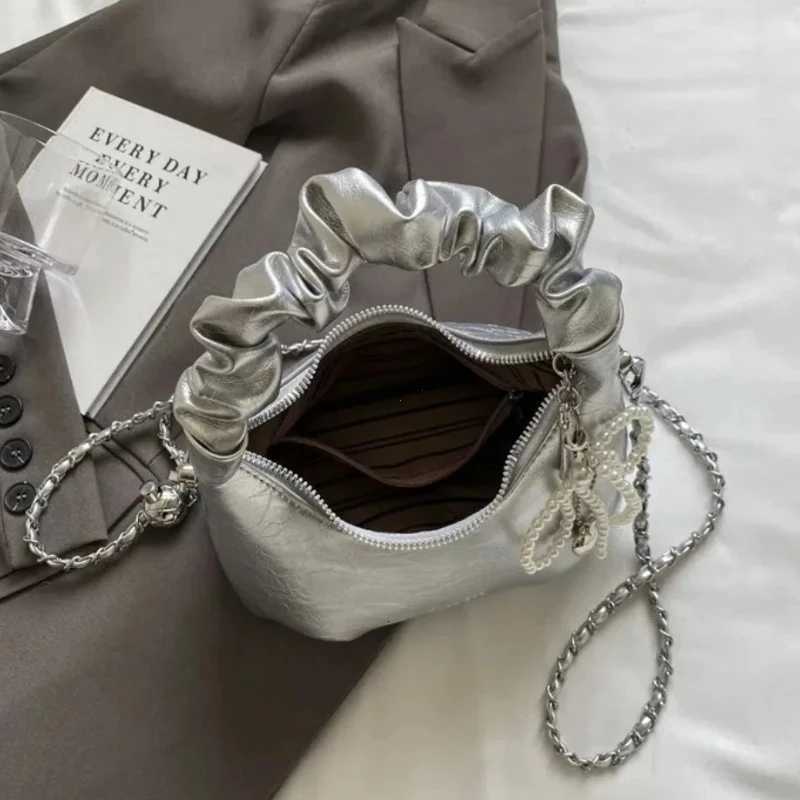 Hot Y2K New Underarm Bags for Women Pleated Handle Design Ladies Pearl Bow Handbag Adjustable Strap Shoulder Crossbody Bag Z250926
