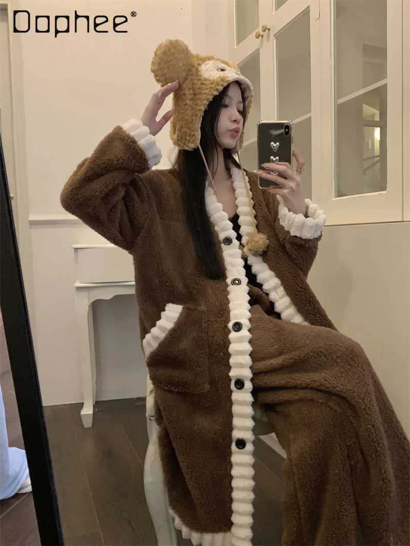 Retro Contrast Color Flannel Pajamas Women Winter Thickened Single Breasted V Neck Mid Length Two Piece Sets Sleepwear Z250925