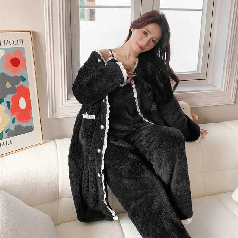 Winter Warm Coral Fleece 3PCS Pajamas Set Women Flannel Long Sleeve Top Trouser Sleep Suit Casual Home Clothes Z250925