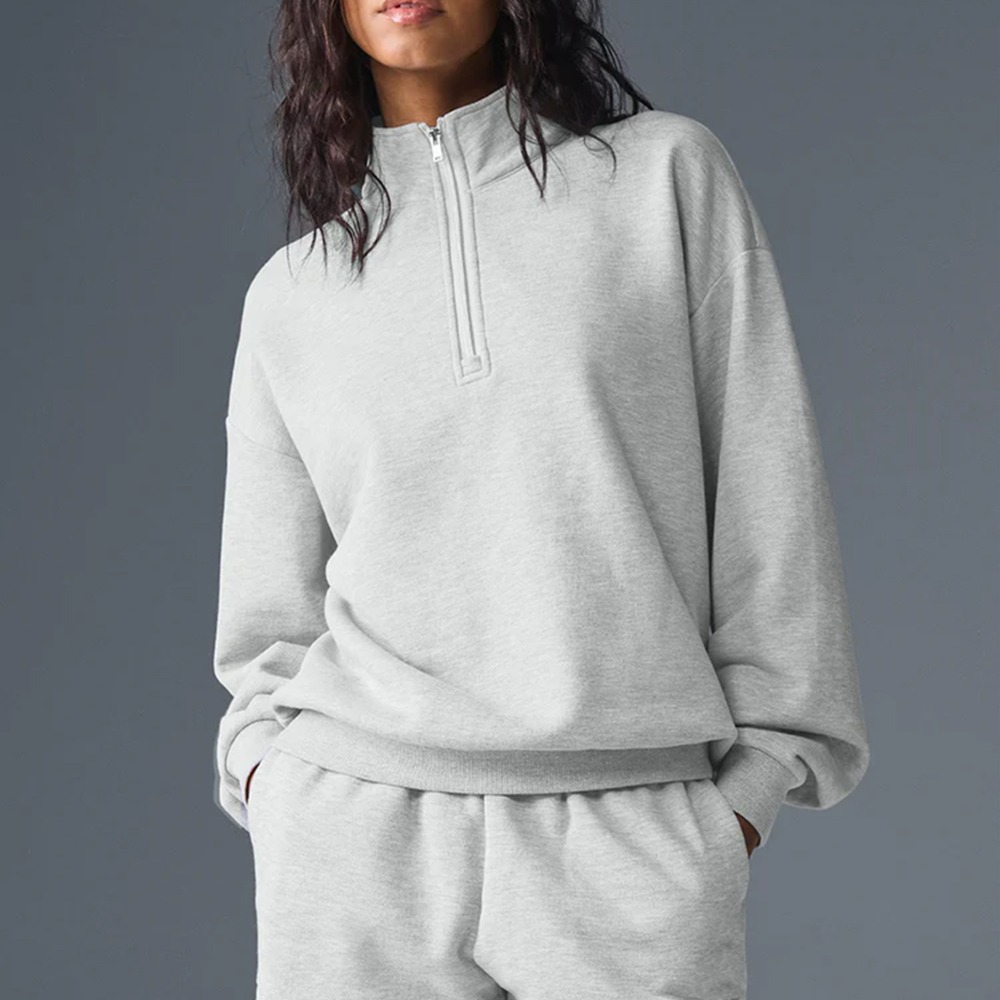 Designer Women's Zip Sweatshirt Stylish French Terry Pullover Casual Relaxed Fit Top with Ribbed Cuffs Waist for Ladies Sizes S-L