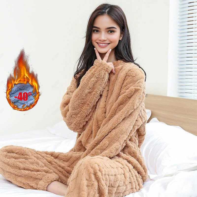 Autumn Winter Women Solid Warm 2 Piece Sets Thicken Velvet Ribbed Fleece Set Pullover And Pants Women Casual Pajama Sets Z250925