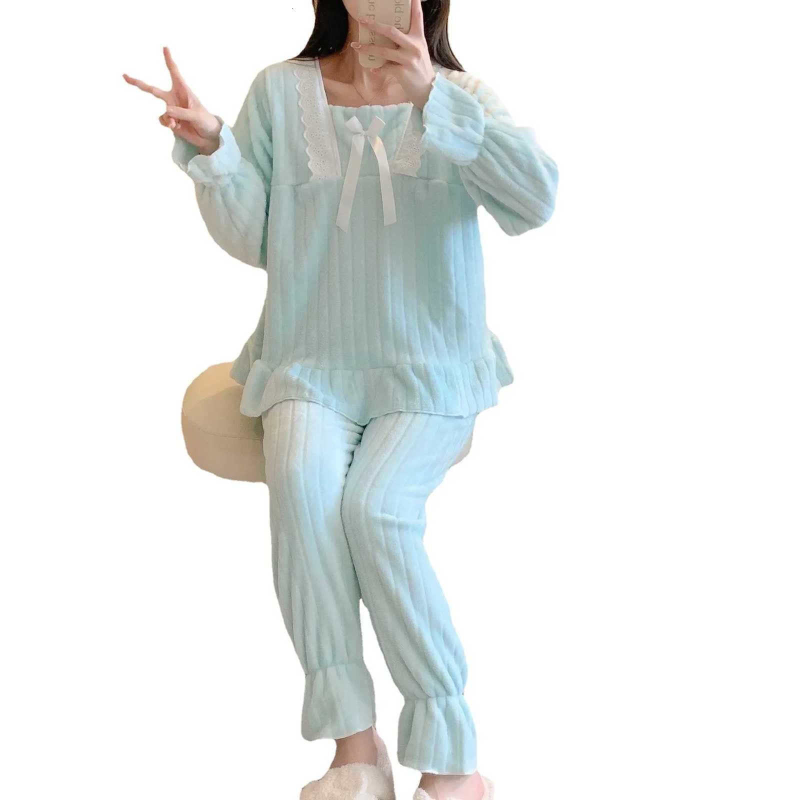 New Autumnwinter Flannel Ribbed Womens Sweet Cute Princess Style Solid Color Floral Edge Thickened Home Clothes Suit Z250925