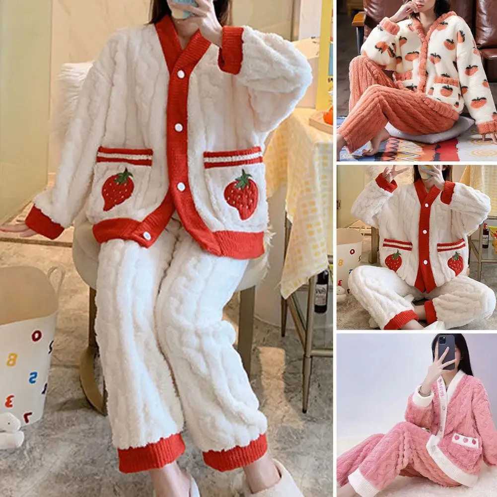 Plush Pajama Set Lady Winter Sleepwear Set Warm Cozy Womens Winter Pajama Set Cartoon Fruit Print Thickened Coral Fleece Z250925