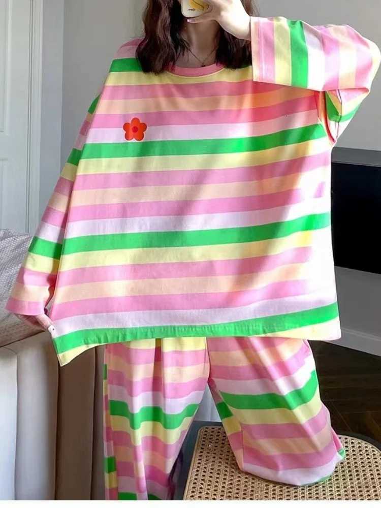 100KG Plus Size Korean Long Sleeved Pajamas Set Women Autumn Student Girls Rainbow Loungewear Can Be Worn Outside Loose Clothes Z250925