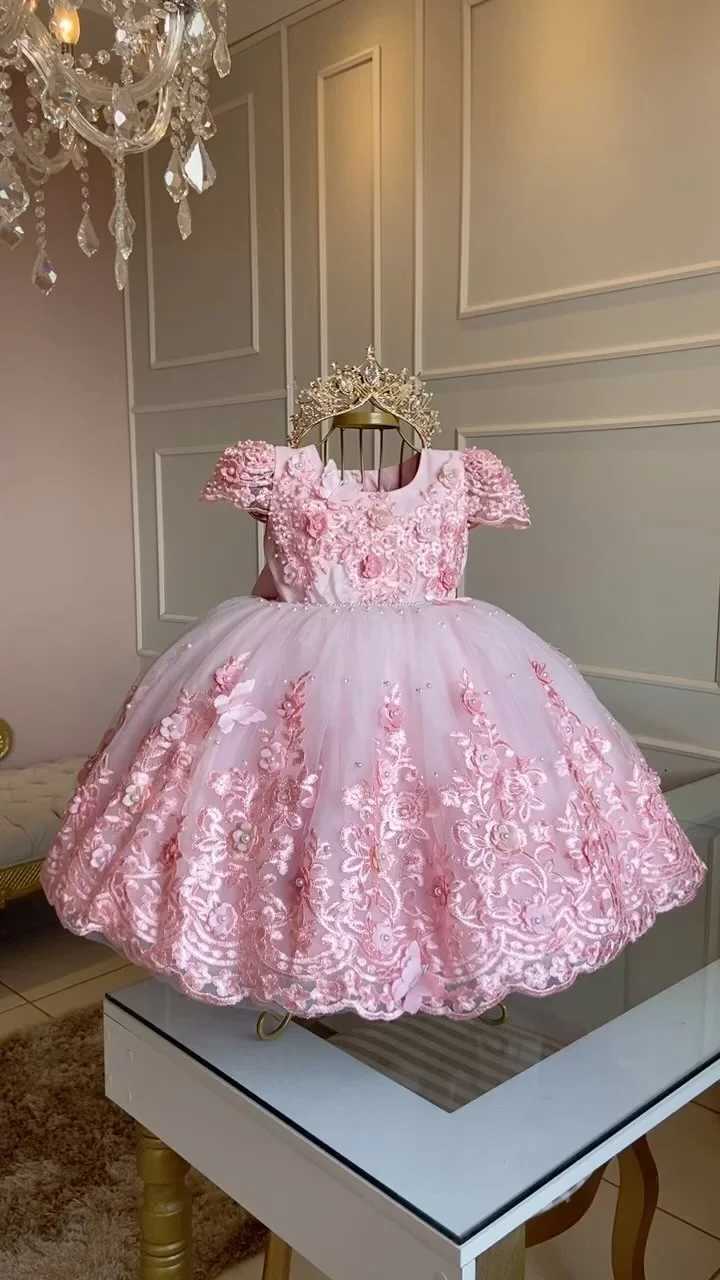 White Green Flower Girl Dress For Wedding Applique Tulle Short Sleeve Pearl Princess Kids Birthday First Communion Ball Gown Z250926