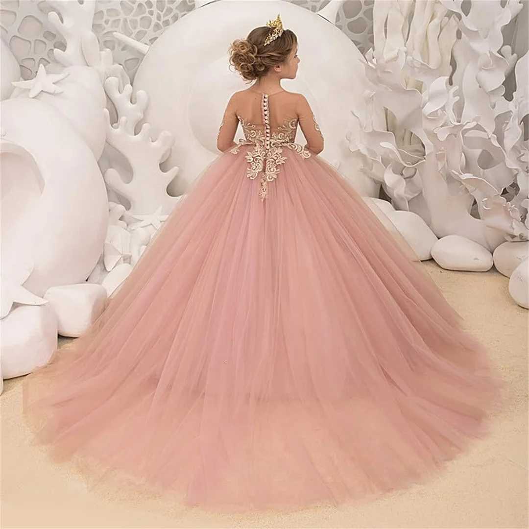 Lace Applique Girls Pageant Dress Tulle Long Sleeves Flower Girl Dress Sccop Tulle Princess Brithday Gowns Long Ball Gown Girl D Z250926