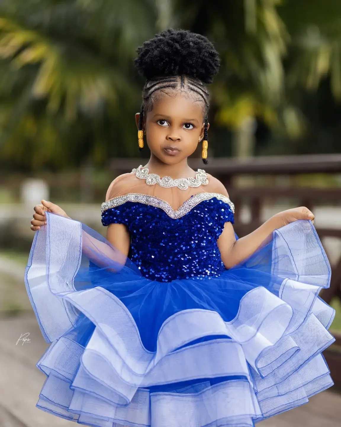 Blue Princess Flower Girl Dresses for Wedding Sequins Ruffles Length Girl Kids Birthday Party First Communion Gowns Z250926