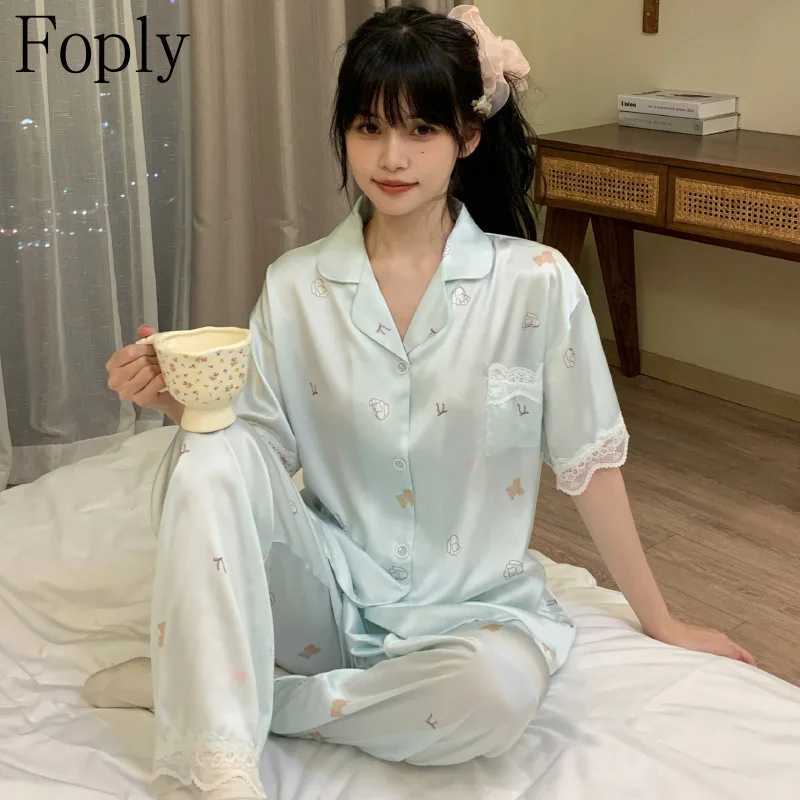 Cartoon Print Women Pajamas Set Spring Summer 2 Piece Pyjama Satin Silk Sleepwear Shortsleeve Top Pants Pijama Pjs Loungewear Z250925