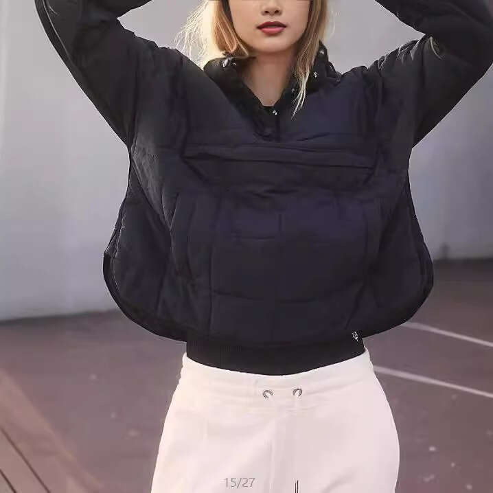 2025 Cross-Border Autumn Winter Solid Color Hooded Cotton Jacket Foldable Filled Pullover Pocket Long Sleeve Coat for Women