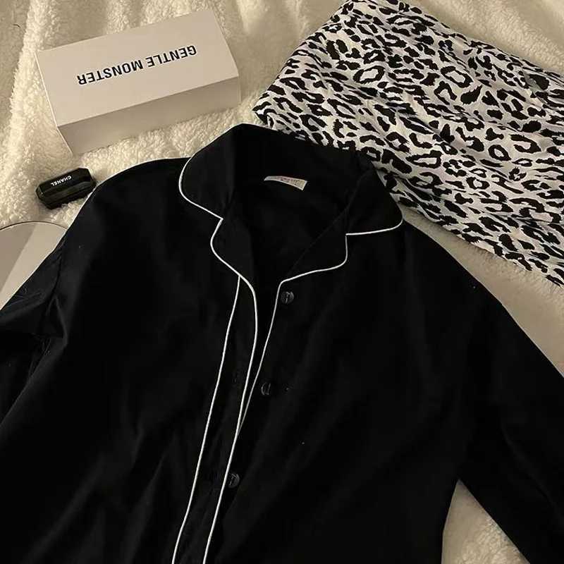 Spring and Summer New Korean Version of the Ladies Pajamas Homewear Black Leopard Cardigan Autumn and Winter Homewear Thin Suit Z250925