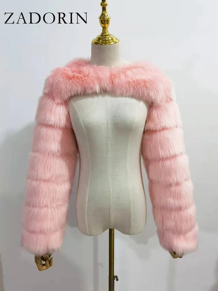 ZADORIN Autumn Winter Cropped Faux Fox Fur Coat Women Raccoon Long Sleeve Warm Fur Jackets Female Outerwear Pink Red 250922
